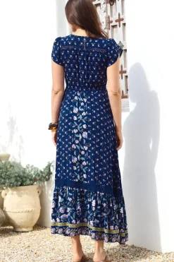 Carmen Maxi Dress - Butterfly Cap Sleeve Button Down A Line Dress with Lace Trim in Wild Indigo Print><noscript><img width=