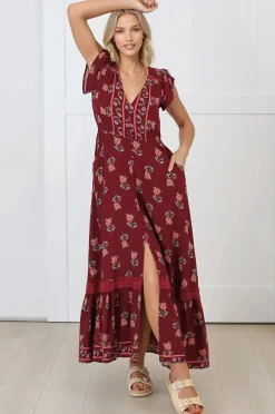 Carmen Maxi Dress - Butterfly Cap Sleeve Button Down A Line Dress with Lace Trim in Grenache Print>Jaase Online