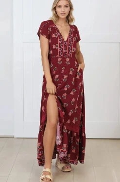 Carmen Maxi Dress - Butterfly Cap Sleeve Button Down A Line Dress with Lace Trim in Grenache Print><noscript><img width=