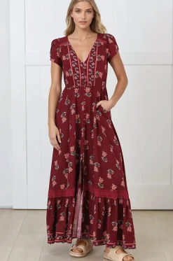 Carmen Maxi Dress - Butterfly Cap Sleeve Button Down A Line Dress with Lace Trim in Grenache Print><noscript><img width=