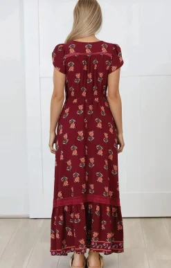 Carmen Maxi Dress - Butterfly Cap Sleeve Button Down A Line Dress with Lace Trim in Grenache Print><noscript><img width=