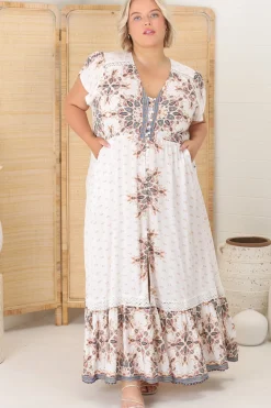 Carmen Maxi Dress - Butterfly Cap Sleeve Button Down A Line Dress with Lace Trim in Gemstone Print>Jaase Outlet