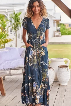 Carmen Maxi Dress - Butterfly Cap Sleeve Button Down A Line Dress with Lace Trim in Indigo Print>Jaase Clearance