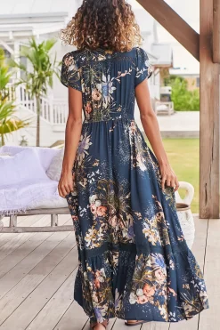Carmen Maxi Dress - Butterfly Cap Sleeve Button Down A Line Dress with Lace Trim in Indigo Print><noscript><img width=
