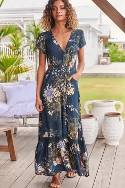 Carmen Maxi Dress - Butterfly Cap Sleeve Button Down A Line Dress with Lace Trim in Indigo Print><noscript><img width=