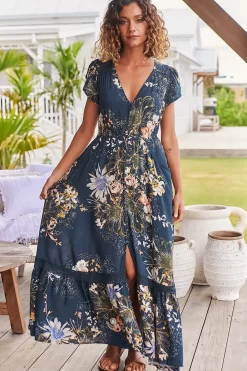 Carmen Maxi Dress - Butterfly Cap Sleeve Button Down A Line Dress with Lace Trim in Indigo Print><noscript><img width=