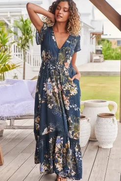 Carmen Maxi Dress - Butterfly Cap Sleeve Button Down A Line Dress with Lace Trim in Indigo Print><noscript><img width=