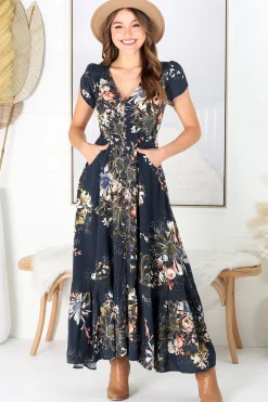 Carmen Maxi Dress - Butterfly Cap Sleeve Button Down A Line Dress with Lace Trim in Indigo Print><noscript><img width=