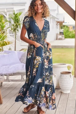 Carmen Maxi Dress - Butterfly Cap Sleeve Button Down A Line Dress with Lace Trim in Indigo Print><noscript><img width=