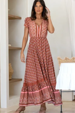 Carmen Maxi Dress - Butterfly Cap Sleeve Button Down A Line Dress with Lace Trim in Coral Eden Print>Jaase Discount