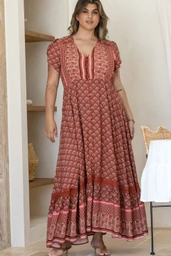 Carmen Maxi Dress - Butterfly Cap Sleeve Button Down A Line Dress with Lace Trim in Coral Eden Print><noscript><img width=