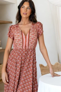 Carmen Maxi Dress - Butterfly Cap Sleeve Button Down A Line Dress with Lace Trim in Coral Eden Print><noscript><img width=