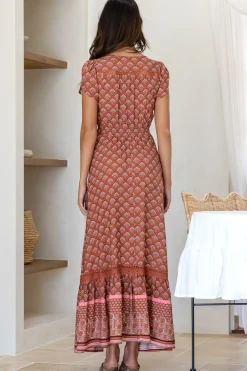 Carmen Maxi Dress - Butterfly Cap Sleeve Button Down A Line Dress with Lace Trim in Coral Eden Print><noscript><img width=