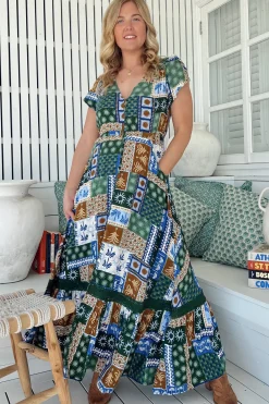 Carmen Maxi Dress - Butterfly Cap Sleeve Button Down A Line Dress with Lace Trim in Emerald Cove Print>Jaase Online