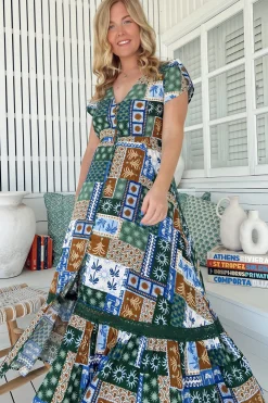 Carmen Maxi Dress - Butterfly Cap Sleeve Button Down A Line Dress with Lace Trim in Emerald Cove Print>Jaase Online