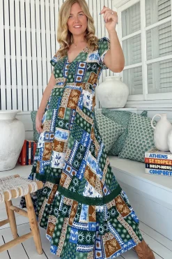 Carmen Maxi Dress - Butterfly Cap Sleeve Button Down A Line Dress with Lace Trim in Emerald Cove Print><noscript><img width=