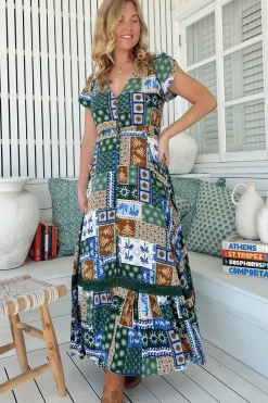 Carmen Maxi Dress - Butterfly Cap Sleeve Button Down A Line Dress with Lace Trim in Emerald Cove Print><noscript><img width=