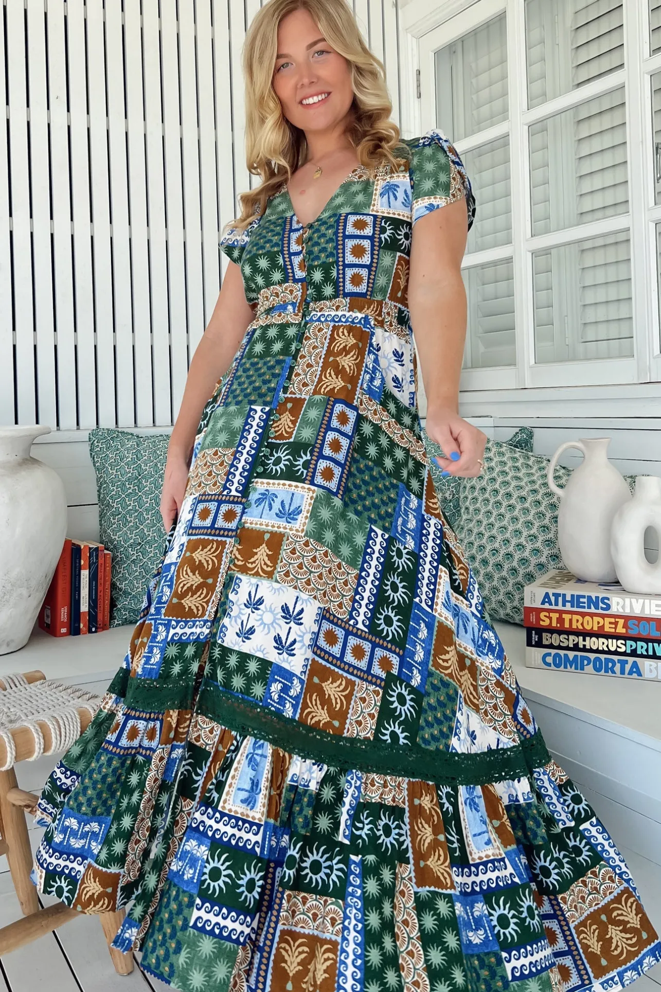 Carmen Maxi Dress - Butterfly Cap Sleeve Button Down A Line Dress with Lace Trim in Emerald Cove Print>Jaase Online