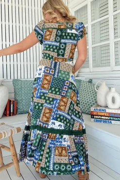 Carmen Maxi Dress - Butterfly Cap Sleeve Button Down A Line Dress with Lace Trim in Emerald Cove Print><noscript><img width=