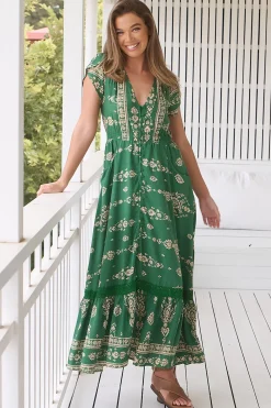 Carmen Maxi Dress - Butterfly Cap Sleeve Button Down A Line Dress with Lace Trim in Kiva>Jaase New