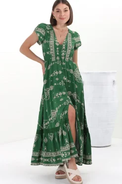 Carmen Maxi Dress - Butterfly Cap Sleeve Button Down A Line Dress with Lace Trim in Kiva><noscript><img width=