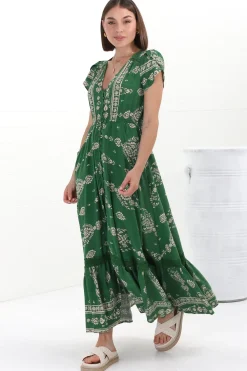 Carmen Maxi Dress - Butterfly Cap Sleeve Button Down A Line Dress with Lace Trim in Kiva><noscript><img width=