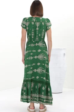 Carmen Maxi Dress - Butterfly Cap Sleeve Button Down A Line Dress with Lace Trim in Kiva><noscript><img width=