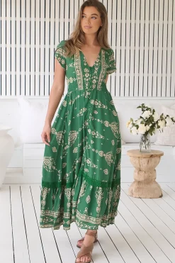 Carmen Maxi Dress - Butterfly Cap Sleeve Button Down A Line Dress with Lace Trim in Kiva><noscript><img width=