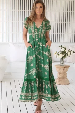 Carmen Maxi Dress - Butterfly Cap Sleeve Button Down A Line Dress with Lace Trim in Kiva><noscript><img width=