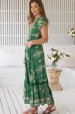 Carmen Maxi Dress - Butterfly Cap Sleeve Button Down A Line Dress with Lace Trim in Kiva><noscript><img width=