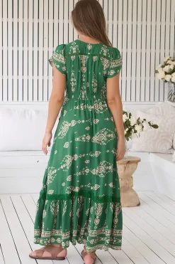 Carmen Maxi Dress - Butterfly Cap Sleeve Button Down A Line Dress with Lace Trim in Kiva><noscript><img width=
