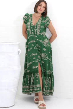 Carmen Maxi Dress - Butterfly Cap Sleeve Button Down A Line Dress with Lace Trim in Kiva><noscript><img width=