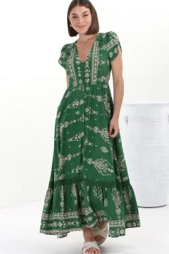 Carmen Maxi Dress - Butterfly Cap Sleeve Button Down A Line Dress with Lace Trim in Kiva><noscript><img width=