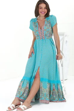 Carmen Maxi Dress - Butterfly Cap Sleeve Button Down A Line Dress with Lace Trim in Atlantis Print>Jaase New