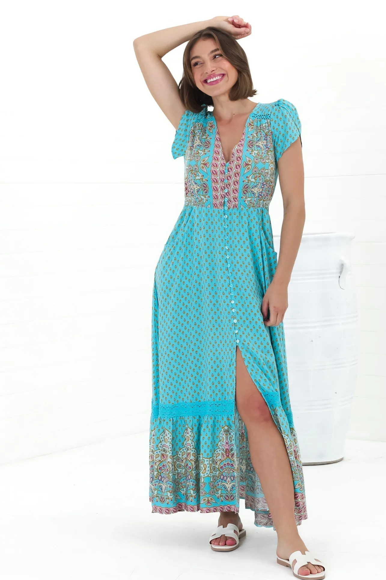 Carmen Maxi Dress - Butterfly Cap Sleeve Button Down A Line Dress with Lace Trim in Atlantis Print>Jaase New