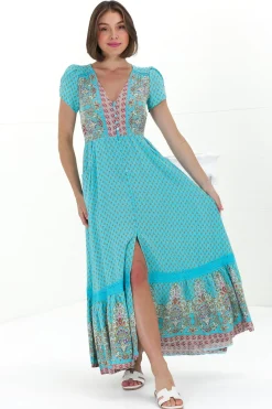 Carmen Maxi Dress - Butterfly Cap Sleeve Button Down A Line Dress with Lace Trim in Atlantis Print><noscript><img width=