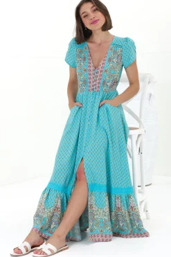 Carmen Maxi Dress - Butterfly Cap Sleeve Button Down A Line Dress with Lace Trim in Atlantis Print><noscript><img width=
