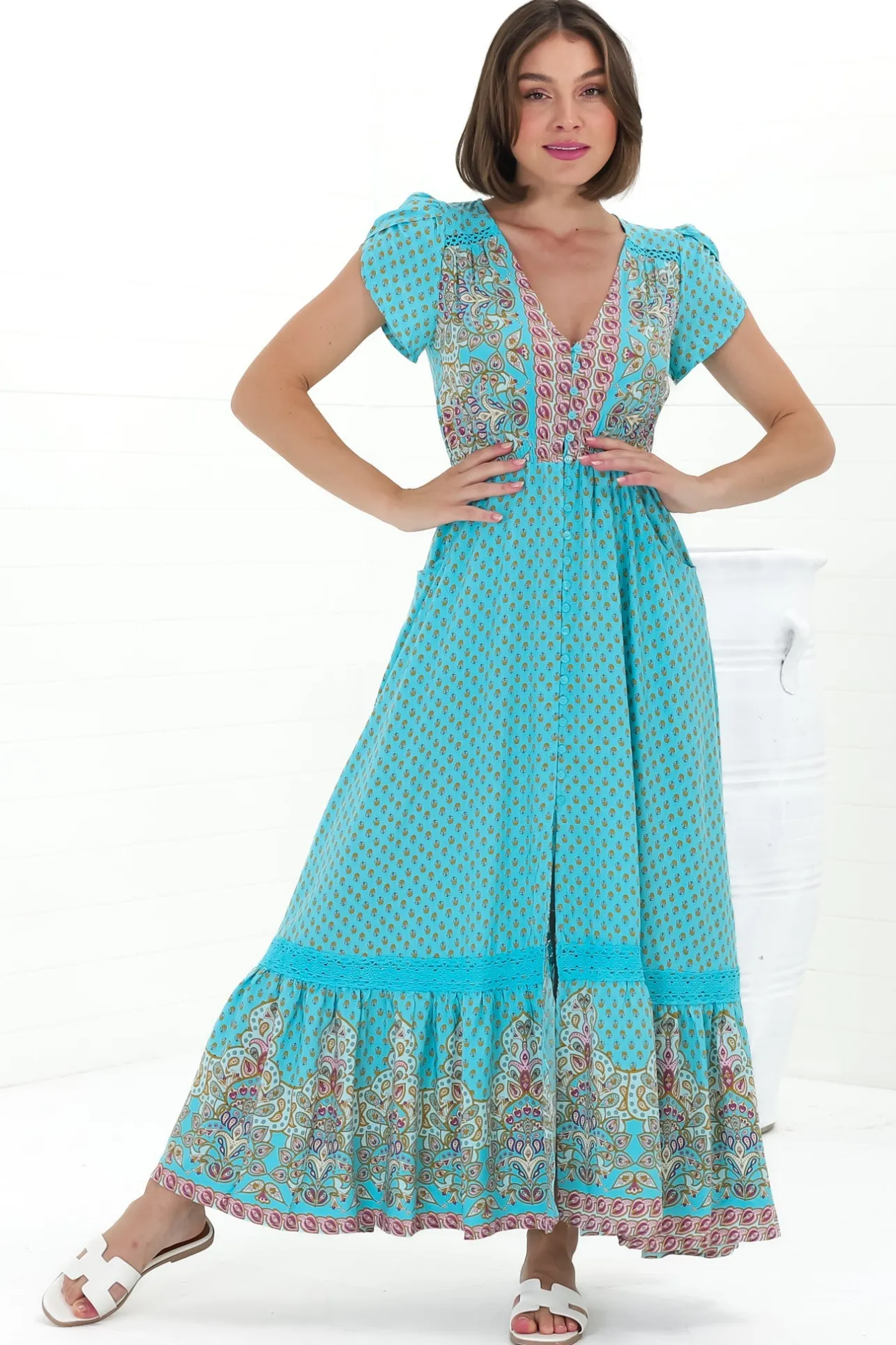 Carmen Maxi Dress - Butterfly Cap Sleeve Button Down A Line Dress with Lace Trim in Atlantis Print>Jaase New