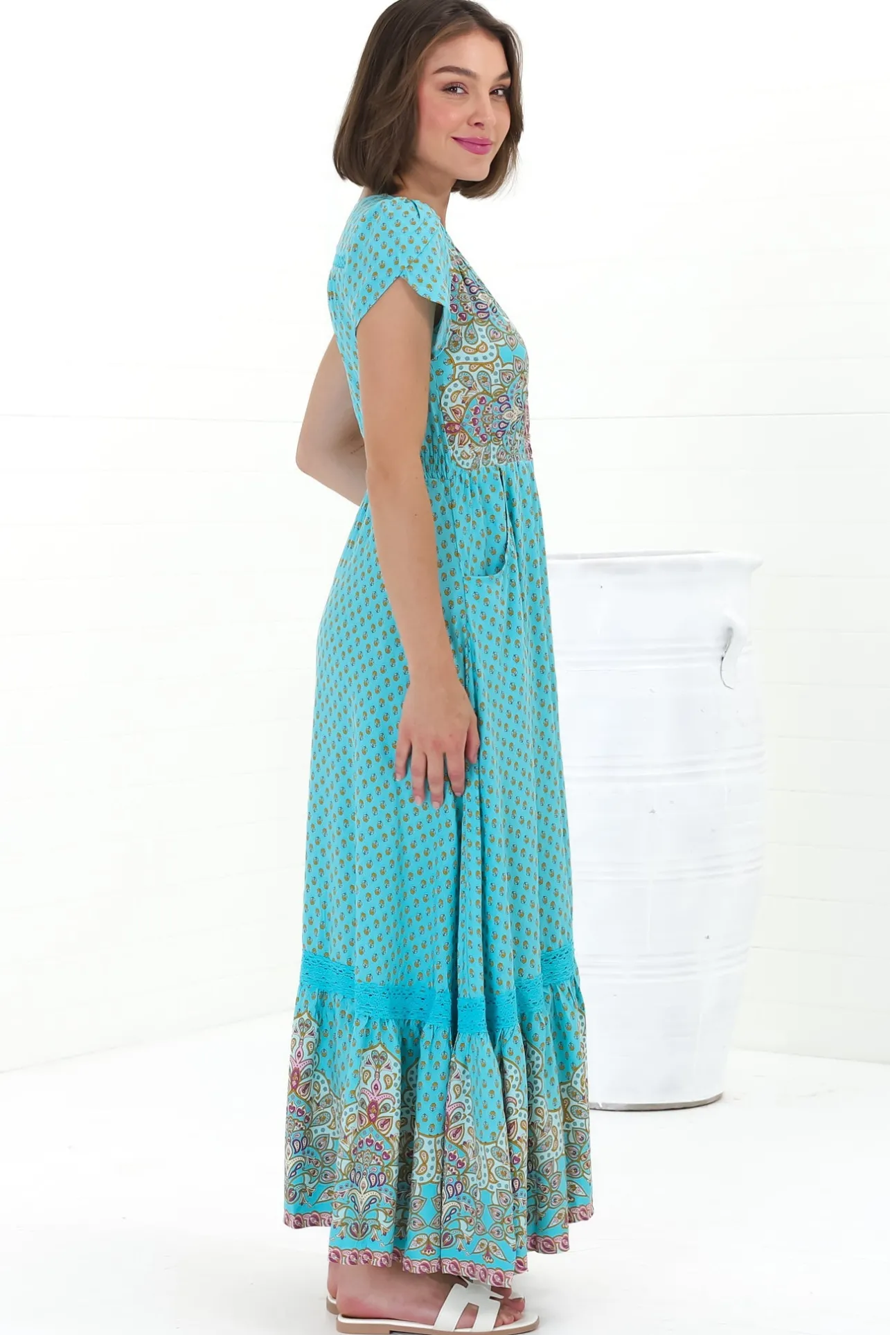 Carmen Maxi Dress - Butterfly Cap Sleeve Button Down A Line Dress with Lace Trim in Atlantis Print>Jaase New