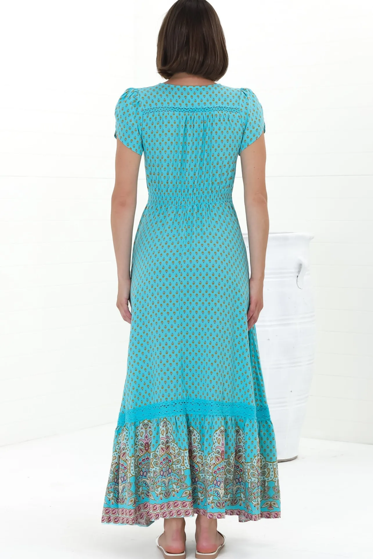 Carmen Maxi Dress - Butterfly Cap Sleeve Button Down A Line Dress with Lace Trim in Atlantis Print>Jaase New