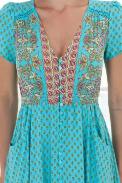 Carmen Maxi Dress - Butterfly Cap Sleeve Button Down A Line Dress with Lace Trim in Atlantis Print><noscript><img width=