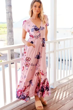 Carmen Maxi Dress - Butterfly Cap Sleeve Button Down A Line Dress with Lace Trim in Dahlia Print>Jaase Online