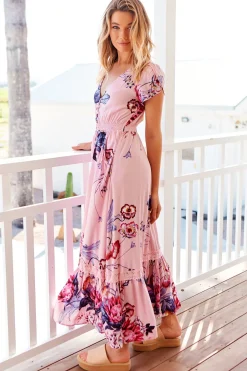 Carmen Maxi Dress - Butterfly Cap Sleeve Button Down A Line Dress with Lace Trim in Dahlia Print><noscript><img width=