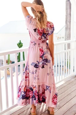 Carmen Maxi Dress - Butterfly Cap Sleeve Button Down A Line Dress with Lace Trim in Dahlia Print><noscript><img width=
