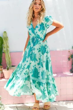 Carmen Maxi Dress - Butterfly Cap Sleeve Button Down A Line Dress with Lace Trim in Capri Sea Print>Jaase