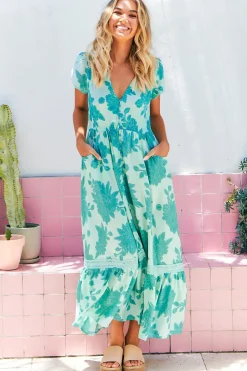 Carmen Maxi Dress - Butterfly Cap Sleeve Button Down A Line Dress with Lace Trim in Capri Sea Print><noscript><img width=