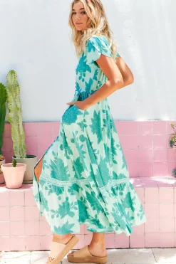 Carmen Maxi Dress - Butterfly Cap Sleeve Button Down A Line Dress with Lace Trim in Capri Sea Print><noscript><img width=