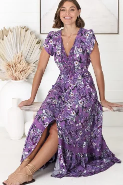 Carmen Maxi Dress - Butterfly Cap Sleeve Button Down A Line Dress with Lace Trim in Rhodium Print>Jaase Best