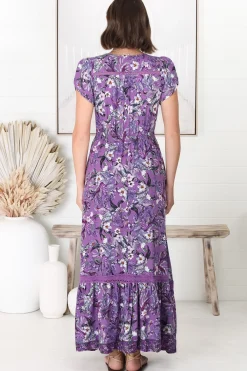 Carmen Maxi Dress - Butterfly Cap Sleeve Button Down A Line Dress with Lace Trim in Rhodium Print><noscript><img width=