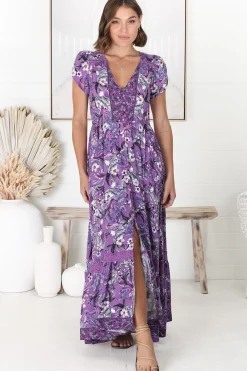 Carmen Maxi Dress - Butterfly Cap Sleeve Button Down A Line Dress with Lace Trim in Rhodium Print><noscript><img width=